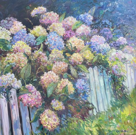 Hydrangeas on Fence by catherine m elliott, 30 x 30 Hydrangea Field, Hydrangea Paintings, Hydrangea Drawing, Plants Reference, Painting Hydrangeas, Hydrangea Aesthetic, Hydrangeas Garden, Hydrangea Artwork, Hydrangea Art