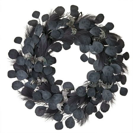 Black Halloween Wreaths For Front Door, Black Fall Decor, Black And White Halloween Wreath Ideas, Bat Wreath Halloween, Black And White Halloween Wreath, Pampas Wreath, Bat Wreath, Black Halloween Wreath, Red Rose Wreath