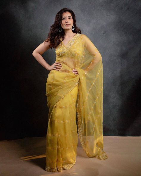 raashii khanna in a yellow saree by megha bansal Saree For Haldi Function, Yellow Saree For Haldi, Saree For Haldi, Haldi Function, Rashi Khanna, Latest Designer Sarees, Yellow Saree, Embroidered Saree, Traditional Indian Outfits