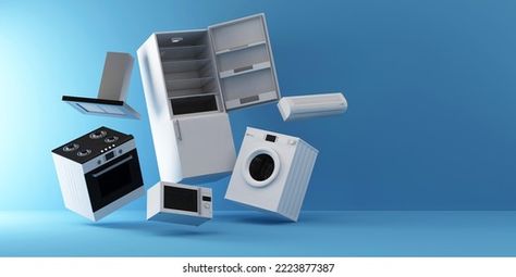 Group of home appliances Levitation. Refrigerator, Gas cooker, Microwave, Cooker hood, Air conditioner and Washing machine flying on blue studio background. 3D Rendering Blue Studio Background, White Refrigerator, Microwave Cooker, Home Appliance Store, Cooker Hood, Gas Cooker, Modern Appliances, Kitchen Hoods, Photo Grouping