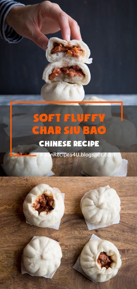 Soft Fluffy Char Siu Bao (Chinese Steamed BBQ Pork Buns)- Juicy and sweet Chinese bbq pork (char siu) is wrapped in soft and pillowy Chinese steamed buns. #Chinese #Recipes #SiuBao Stuffed Bao Buns, Char Sui Pork, Chinese Buns, Bbq Pork Buns, Asian Pork Recipes, Char Siu Bao, Pork Belly Bao, Siu Bao, Meat Bun