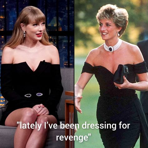 Taylor swift wore a dress that was compared to princess Diana's famous revenge dress. She then came out with a song on her Midnights album called vigilante shit with the lyrics "lately I’ve been dressing for revenge" The Revenge Dress, Dress For Revenge, Dressing For Revenge Aesthetic, Lately Shes Been Dressing For Revenge, Revenge Era Outfit, Revenge Dress Outfits, Revenge Outfits Ideas, Revenge Dress Aesthetic, Revenge Dress Ideas