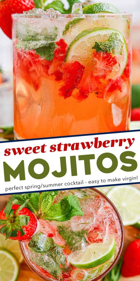 These sweet strawberry mojitos are a summery twist on a classic mojito cocktail, and are perfect for all your warm-weather gatherings! This recipe includes both small and large batch instructions. Strawberry Mojitos, Strawberry Cocktail Recipe, Strawberry Mojito Recipe, Classic Mojito, Strawberry Cocktails, Easy Summer Cocktails, Summer Drinks Alcohol, Strawberry Mojito, Cocktail Ideas