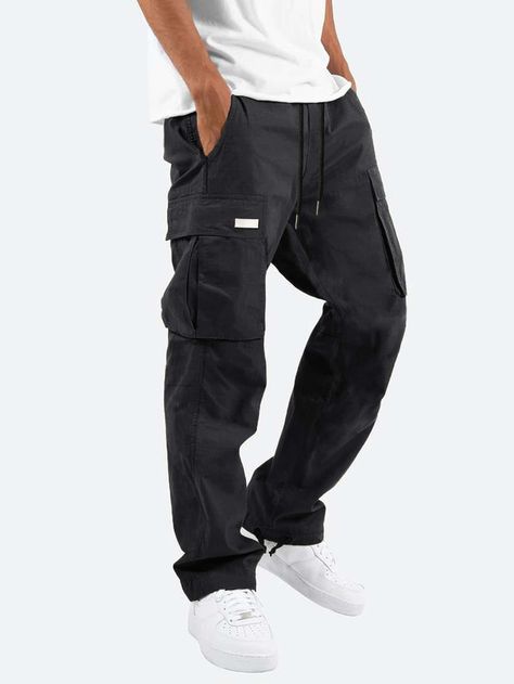 Black Street Collar Fabric Plain Cargo Pants Embellished Non-Stretch Men Bottoms Mens Overalls, Mens Work Pants, Zipper Pants, Mens Workwear, Men Pants, Work Trousers, Mens Cargo, Mini Robes, Mens Pants Fashion