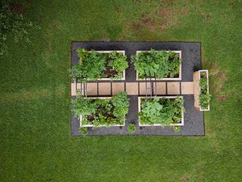 Raised-Bed Kitchen Garden Design: Four-Garden Classic • Gardenary Raised Bed Kitchen Garden, Kitchen Garden Design, Raised Bed Garden Layout, Keyhole Garden, Garden Bed Layout, Steel Edging, Raised Bed Garden Design, Arch Trellis, Cedar Garden