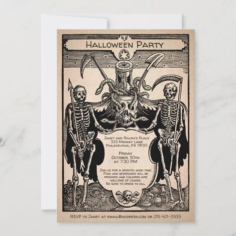 Vintage Creepy Customizable Skeleton Invitation - vintage halloween invitations Vintage Halloween Invitations, Victorian Party, Adult Halloween Party Invitations, Halloween Invite, Skeleton Illustration, Halloween Festivities, Adult Halloween Party, Vintage Trends, Gothic Victorian