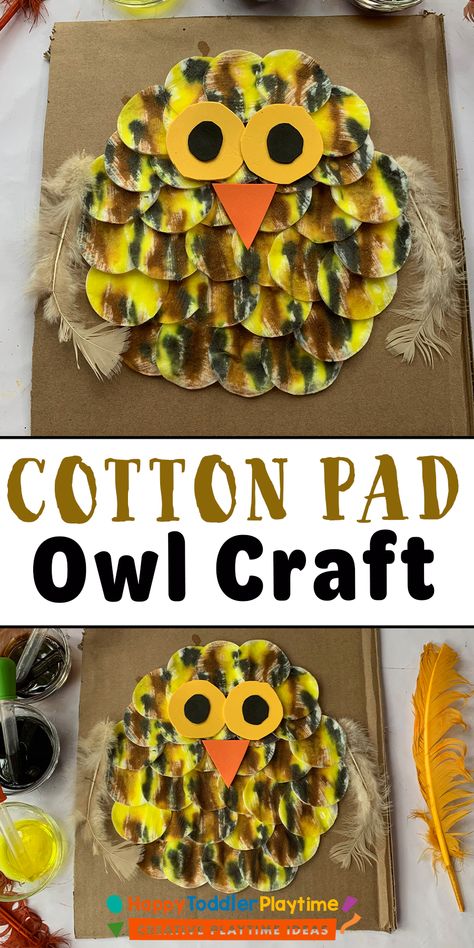 Cotton Pad Owl Craft for Kids - Happy Toddler Playtime Grey Lengha, Owl Preschool, Forest Animals Preschool, Fall Bulletin Board Ideas, Owl Activities, Owl Babies, November Classroom, Crafts Classroom, Animals Preschool