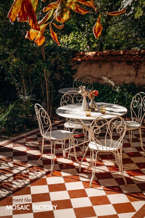 Mosaic Factory cement tiles bring you the Strawberry Swirl! This delightful blush pink and red checkerboard floor in colour references RB and RL graces interior designer (IG)atelierdevergne’s stunning garden terrace. We adore classic designs with a playful twist! What's your favourite colour combo for checkerboard tiles? Check our website for all our available unicolour cement tiles in stock for your next project! Cement Tile Floor, Terrace Tiles, Tiles Uk, Checkerboard Floor, Red Tiles, Rooftop Patio, Encaustic Cement Tile, Encaustic Tile, Cement Tiles