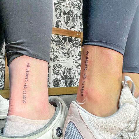 Lat And Long Tattoo, Ankle Coordinates Tattoo, Coordinate Tattoo Placement, Coordinates Tattoo Placement Ankle, Lat Long Tattoo, Matching Coordinates Tattoo, Coordinate Tattoos For Women, Coordinates Tattoo Women, Gps Tattoo Coordinates