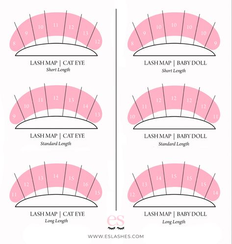 Lash maps for lash extensions mapping showing the cat eye and which length of lash extensions to apply and the doll eye