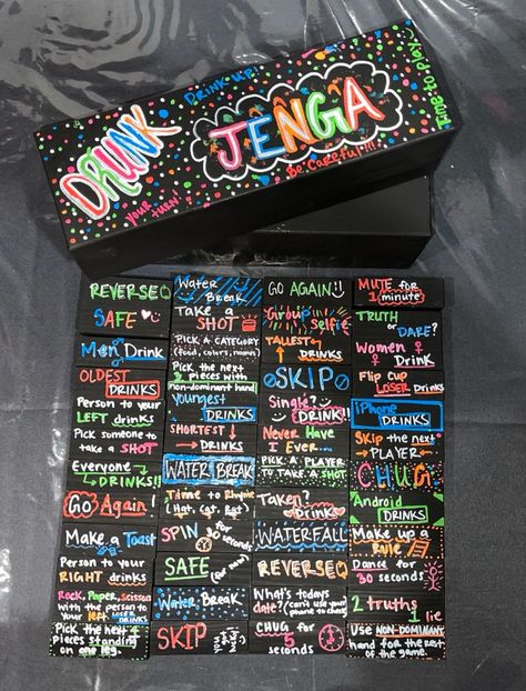 Painted Jenga Blocks Game, 21st Birthday Activities Party Games, Black Out Board Game Drinking, Black Out Or Back Out Party, 21st Bday Party Themes, Drunk Bored Game, Jenga Painting Ideas, Theme Night Ideas For Adults, House Party Activities