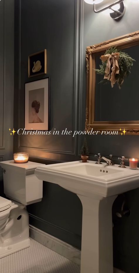 @thefreshhome on instagram, paint color knoxville gray by BM 50% Dark Panelled Bathroom, Dark Powder Bathroom Ideas, Dark Paint Bathroom Ideas, Painted Half Bath, Dark Painted Powder Room, Moody Bathroom With Wallpaper, Dark Powder Bath, Dark Paint Small Bathroom, Small Bathroom Paint Ideas No Window