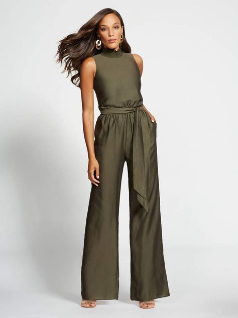 New York & Company Gabrielle Union Collection - Olive Mock-Neck Jumpsuit Cocktail Attire Pants, Womens Cocktail Attire, Summer Jumpsuits, White Coat Ceremony, One And Done, Summer Jumpsuit, Gabrielle Union, Jumpsuit Summer, Cocktail Attire