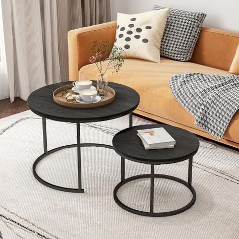 Modern Small Coffee Table, Black Nesting Coffee Table, Living Room Black Coffee Table, Nesting Tables Living Room, Coffee Table Nesting, Coffee Table And Side Table Set, Coffee Table Set Of 2, Round Coffee Table Sets, Side Tables For Bedroom