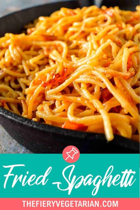 Fried cheesy spaghetti - hello comfort food recipe! Ready in less than 30 minutes, super easy to make and vegetarian, say goodbye to your hangover, being hangry, in need of the ultimate vegetarian comfort food and more. A great way to use spaghetti leftovers or can be made with freshly cooked pasta. Just dump those noodles in the pan with olive oil tomatoes and onions, toss and add a sharp cheese like cheddar. Let sit so crunchy bits develop to contrast with the easy gooey cheesy goodness! Recipe With Cheese, Fried Spaghetti, Spicy Vegetarian Recipes, Fried Pasta, Leftover Spaghetti, Spagetti Recipe, Cheesy Spaghetti, Vegetarian Comfort Food, Easy Vegetarian Dinner