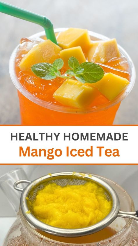 Homemade Mango Iced Tea - Fresh & Fruity! Mango Italian Ice Recipe, Mango Iced Tea Recipe, Pineapple Mango Lemonade Recipe, Iced Mango Green Tea, Best Peach Iced Tea Recipe, Mango Iced Tea, Copycat Cheesecake Factory, Flavoured Water, Mango Tea