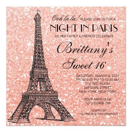 Pink Glitter Invitations, Parisian Party Theme, Gold Eiffel Tower, Paris Sweet 16, Paris Themed Birthday Party, Sweet 16 Party Invitations, Sweet 16 Themes, Paris Birthday Parties, Paris Theme Party