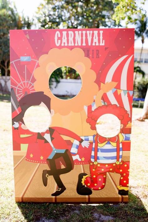 Don't miss this fantastic carnival-themed birthday party! The photo booth props is so much fun!! See more party ideas and share yours at CatchMyParty.com Carnival Theme Decorations Ideas, Carnival Photo Booth Ideas, Photo Booth Carnival, Fair Photo Booth, Carnival Booth Ideas, School Carnival Decorations, Carnival Photo Props, Farewell Theme, Circus Photo Booth