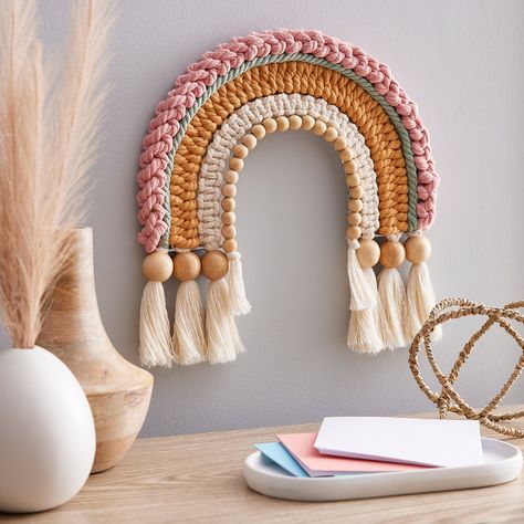 Macramé Rainbow Wall Décor Macrame Rainbow Wall Hanging, Rainbow Wall Decor, Bead Landing, Overhand Knot, Rainbow Macrame, Paracord Knots, Knitted Wire, Macrame Rainbow, Rainbow Wall Hanging