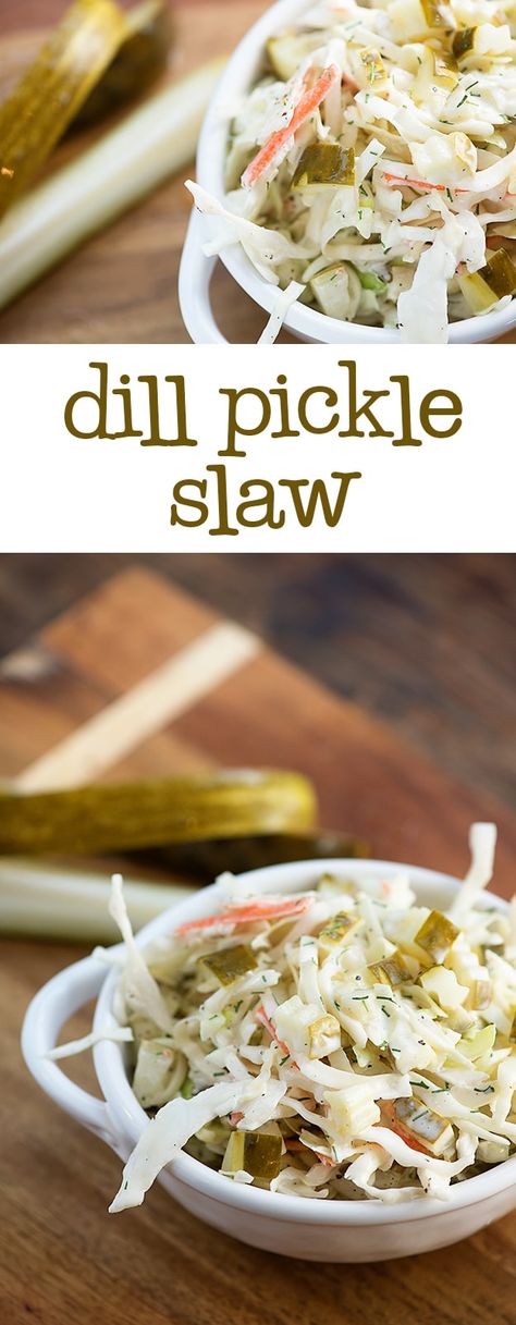 Dill pickle slaw - the perfect easy summer side dish! If you love dill pickles, you'll love this recipe! Pickle Slaw, Buns In My Oven, Easy Summer Side Dishes, Vegan Coleslaw, Summer Side Dish, Dill Pickles, Slaw Recipes, Summer Side Dishes, Keto Side Dishes