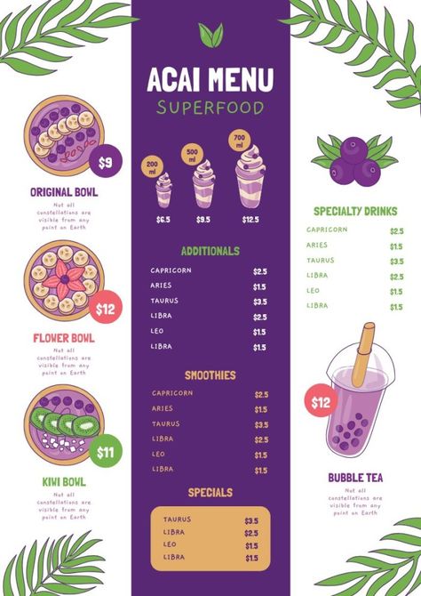 Hand-drawn Acai Superfood Bowls And Drinks Menu Acai Store Design, Acai Menu Design, Acai Bar Design, Acai Bowl Menu Design, Acai Shop Design, Acai Packaging, Acai Bowl Business, Acai Business, Acai Branding