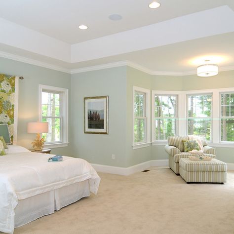 Houzz | Benjamin Moore Celadon Green Home Design Design Ideas & Remodel Pictures Hollingsworth Green, Seafoam Green Bedroom, Relaxing Bedroom Colors, Green Bedroom Colors, Green Bedroom Paint, Light Green Bedrooms, Green Bedroom Walls, Beige Headboard, Modern Paint Colors