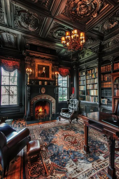 The only way to design a sophisticated Victorian style home office Historical Victorian Homes, Romantic Victorian Decor, Victorian Home In The Woods, 1800s Home Interior, Inside Victorian Homes, Victorian Home Decor Ideas, Victorian Manor Interior, House Interior Victorian, Victorian House Interior Design