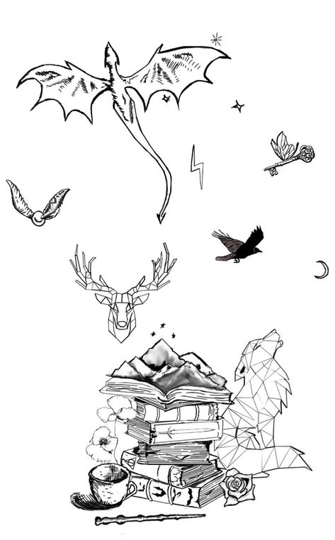 Things Coming Out Of Books Drawing, Dragons And Books Tattoo, Fantasy Book Inspired Tattoos, Favorite Book Tattoos, Tattoos For Fantasy Book Lovers, Book Inspired Tattoos Acotar, Fourth Wing Book Tattoo, Book Series Tattoos, Bookish Half Sleeve Tattoo