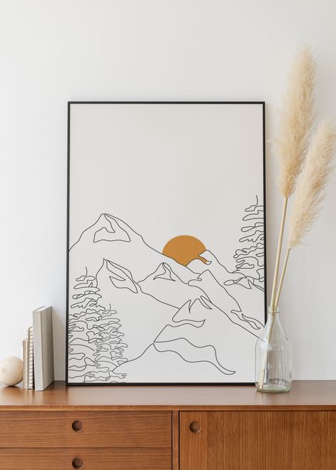 Mountain Line Drawing Simple, Minimalist Mountain Art, Mountain Drawing Simple, Wall Scenery, Forest Sketch, Mountain Sketch, Mountain Drawing, Nursery Room Design, Canvas Painting Designs