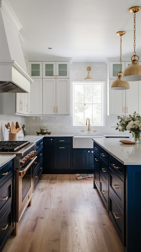 21 Best Kitchen Remodel Ideas 2025 for Small Spaces, Modern Farmhouse, and Color Combos with White Cabinets Dark Blue Lower Kitchen Cabinets White Upper, Dark Kitchen With White Cabinets, Dark Blue Kitchen Cabinets, Dark Blue Kitchens, Cabinet Trends, Two Tone Kitchen Cabinets, Kitchen Cabinet Trends, Two Tone Cabinets, Light Blue Walls