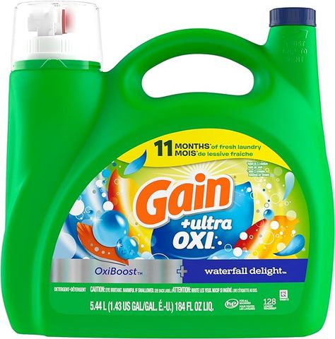 Gain Ultra Oxi Liquid Laundry Detergent, 128 loads, 184 fl oz, Waterfall Delight Scent, 2-in-1, HE Compatible Gain Laundry Detergent, Gain Detergent, Gain Laundry, Detergent Product, Detergent Laundry, Powder Laundry Detergent, Liquid Laundry Detergent, Laundry Liquid, Cleaning Agent