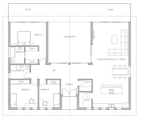 Add a porch across the front and a garage in the back - flop the LR and Kitchen U Shaped House Plans, U Shaped Houses, Bungalow Floor Plans, Barn Style House Plans, Courtyard House Plans, House Plans One Story, Home Design Floor Plans, Modern Architects, Model House Plan