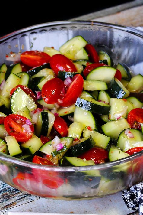 Cucumber & Tomato Salad Cuke Salad, Cucumbers And Tomatoes, Spicy Cucumber Salad, Marinated Cucumbers, Cucumber Tomato Salad, Cucumber Recipes, Summer Side Dishes, Cucumber Tomato, Just A Pinch