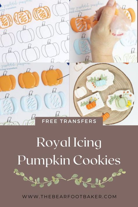 Dress up any fall cookie with this free royal icing transfer template! Your sugar cookies for fall or autumn need these pumpkin royal icing transfers. They are simple and make great fall sugar cookie additions! #thebearfootbaker #fallcookies #sugarcookies #royalicingtransfers Icing Patterns, Cookies For Fall, Pumpkin Cookies Decorated, Royal Frosting, Fall Decorated Cookies, Royal Icing Templates, Icing Transfers, Fall Or Autumn, Cookie Decorations