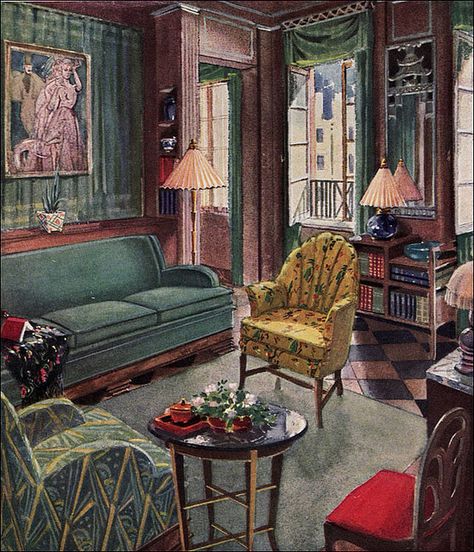 1929 Modern Living Room by Karpen by American Vintage Home, via Flickr 1920s Living Room, Porche Vintage, 1920s Home Decor, 1920s Interior, 1920s Decor, Arte Art Deco, Art Deco Living, 1920s Interior Design, Art Deco Living Room