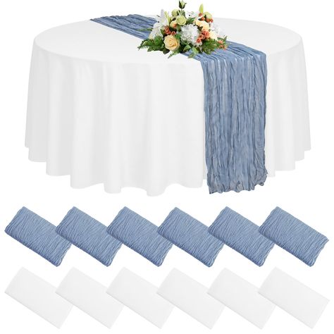 PRICES MAY VARY. 【What You Will Receive】 You will receive 6 packs 90 inches round white polyester tablecloth and 6 packs 35 x 120 inches dusty blue gauze table runners. The round table cloth and cheesecloth table runner set match harmoniously and look so gorgeous. And you can use the round tablecloth or cheesecloth table runner to decorate your party separately. 【Reusable & Soft】 These romantic tablecloth and table runners set are made of premium polyester. Soft feeling, reusable, washable and f Navy And Dusty Blue Tables, Baby Blue Linen Party Table Images, White Table Cloth With Gray Runner, Round Tables Runner, White And Blue Tables, Rpund Table Runner, Blue White Silver Table And Chairs Party, Cheescloth Table Runner Round Table, Round Table Runner On Round Table