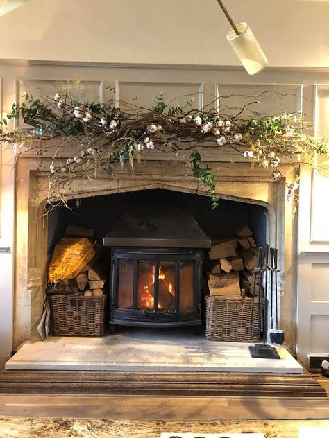 Travel // Christmas in the Cotswolds and a stay at The Painswick - Roses and Rolltops Country Cottage Decorating Ideas, Cottage Decorating Ideas, Log Burner Living Room, Country Fireplace, Cottage Fireplace, Cottage Decorating, Library Inspiration, Travel Christmas, Inglenook Fireplace