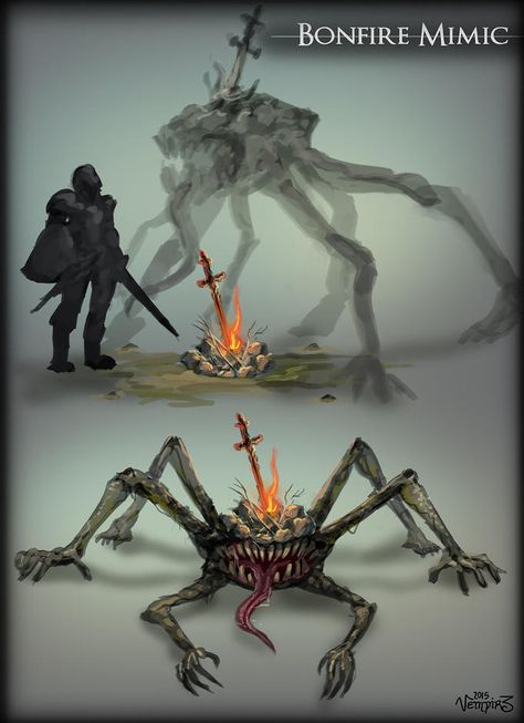 Mimic Bonfire D&d Mimic, Mimic Ideas, Mimic Creature, Dark Souls Bonfire, Mimic Art, Dark Souls Funny, Sif Dark Souls, Demon Souls, Dark Souls 3