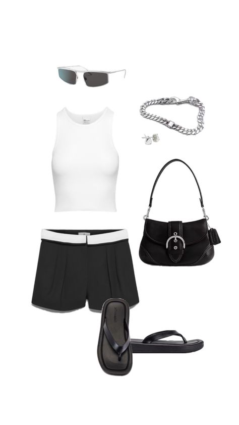 Black and white outfit silver jewelry Black And White Outfit, Dressy Outfit, Dress Shorts, White Outfit, Outfit Dress, Shorts White, Dressy Outfits, White Outfits, White Tank