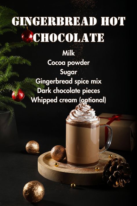 Gingerbread hot chocolate topped with whipped cream and a sprinkle of ground ginger, with a gingerbread cookie on the side. Hot Cocoa Flavors, Hot Chocolate Flavors, Dark Chocolate Hot Cocoa Recipe, Gingerbread Drink, Cucumber Subs, Fancy Hot Chocolate, Gingerbread Hot Chocolate Recipe, Hot Cocoa Drink, Apple Cider Hot Toddy