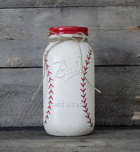 Mason Jar Bank, Boy Bedroom Decor, Money Jar, Baseball Crafts, Money Jars, Tip Jars, Baseball Theme, Diy Father's Day Gifts, Mason Jar Gifts