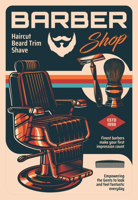 Barber shop vector vintage advertising poster Barber Poster, Barber Shop Vintage, Shop Vector, Vintage Barber, Barber Haircut, Classic Armchair, Vintage Advertising Posters, Razor Blade, Shaving Brush