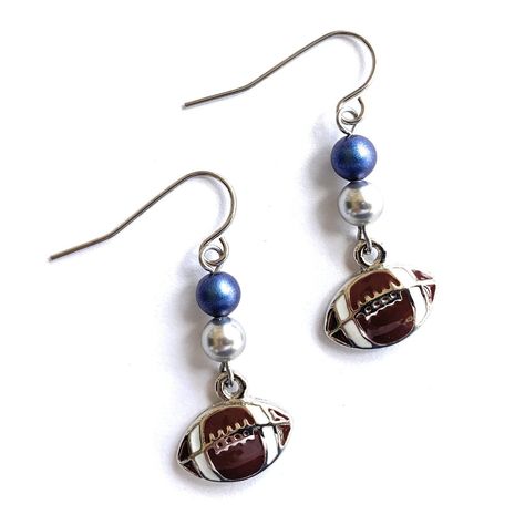 Blue And Silver Football Team Spirit Dangle Earrings For Women Girls High Quality, Non Tarnish Brown Enamel Footballs With Silver Backs Blue And Silver Crystal Pearls Stainless Steel French Wires Total Drop Length Is 1 1/2" Perfect Gift For Football Lovers (Or Perfect To Keep For Yourself!) Gift Boxed Handmade In My Naples Fl Studio Crystal * Gray * Dallas Cowboys Dallas Cowboy Earrings, Sports Jewelry Ideas, Soccer Earrings, Football Jewelry, Football Earrings, Triple Hoop Earrings, Fan Jewelry, Fl Studio, Dallas Cowboy