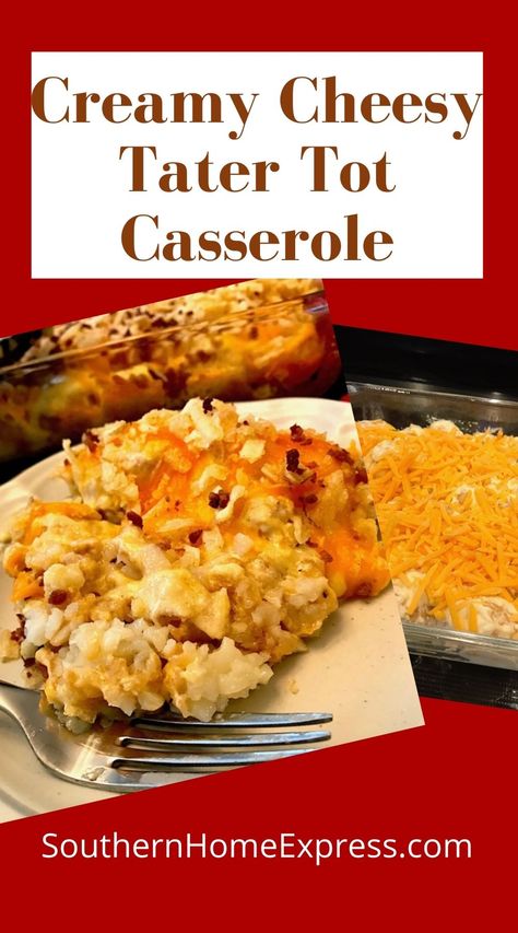 pan and serving of Tater Tot casserole Cheesy Tater Tot Casserole, Cheesy Tater Tots, Tater Tot Casserole Recipe, Crispy Fried Onions, Tater Tot Recipes, Fried Chicken Strips, Potato Tots, Casserole Side Dishes, Tater Tot Casserole Recipes