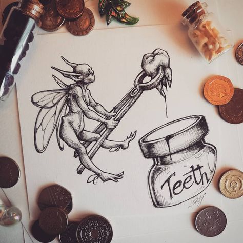 Tooth Fairy Tattoo Designs, Creepy Fairy Tattoo, Tooth Fairy Aesthetic, Tooth Fairy Tattoo, Tooth Fairy Drawing, Fairy Core Tattoos, Creepy Tooth Fairy, Tooth Fairy Art, Lulu Core