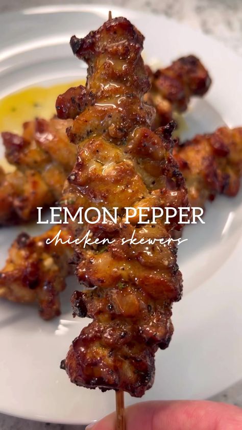 Lemon Pepper Chicken Skewers 🍋 #lemonpepper #chickenskewers #airfryerrecipes #britscookin #chickenrecipes | Britney | Britney · Original audio Lemon Pepper Chicken Skewers, Crockpot Healthy, Kabob Recipes, Lemon Pepper Chicken, Tasty Recipes Videos, Pepper Chicken, Chicken Meat, Makanan Diet, Good Eat