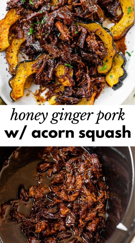 In this Honey Ginger Pork with Acorn Squash recipe, slow-cooked honey ginger pulled pork is topped on tender pieces of winter squash. It�’s a fancy fall dish that doubles as a healthy comfort food! Pork And Squash Recipes, Acorn Squash Slow Cooker, Acorn Squash Crockpot Recipes, Fall Pork Recipes, Honey Squash Recipe, Low Calorie Pork Recipes, Pork Squash Recipe, Fall Pork Chop Recipes, Honey Nut Squash Recipe