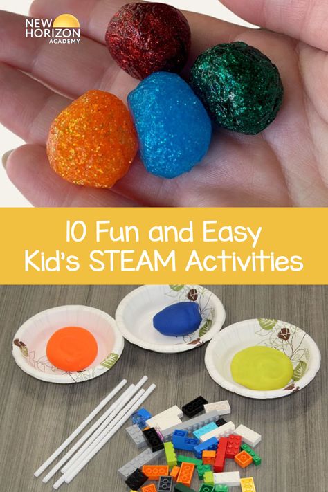 For #NationalSTEAMDay, the teachers at New Horizon Academy put together a list of our favorite Kid's STEAM activities that incorporate science, technology, engineering, art, and math. Check out these 10 fun and easy STEAM experiments for kids. Steam Activity For Kindergarten, Steam For Kindergarten, Easy Steam Activities, Steam Experiments, Steam Activities For Kids, Art And Math, Steam Lessons, Engineering Art, Experiments For Kids