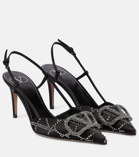 V Logo Signature Satin Slingback Pumps in Black - Valentino Garavani | Mytheresa Mytheresa Shoes, Heels Valentino, Valentino Heels, Festival Shoes, V Logo, Mid Heels Pumps, Mid Heel Sandals, Fancy Shoes, Luxury Purses