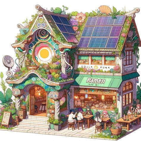 Art Nouveau Solarpunk Ramen Shop 🍜🪴🐞 Art Nouveau Buildings, Plant Shop Minecraft, Fantasy Solarpunk, Solarpunk Illustration, Solarpunk Town, Solarpunk Building, Solarpunk Village, Solarpunk Concept Art, Fantasy Shop Concept Art